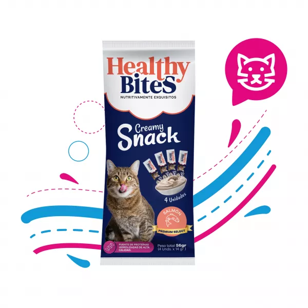 SNACK CREMOSO PARA GATO HEALTHY BITES SABOR SALMÓN 56 GR SOBRE POR 4 UNIDADES