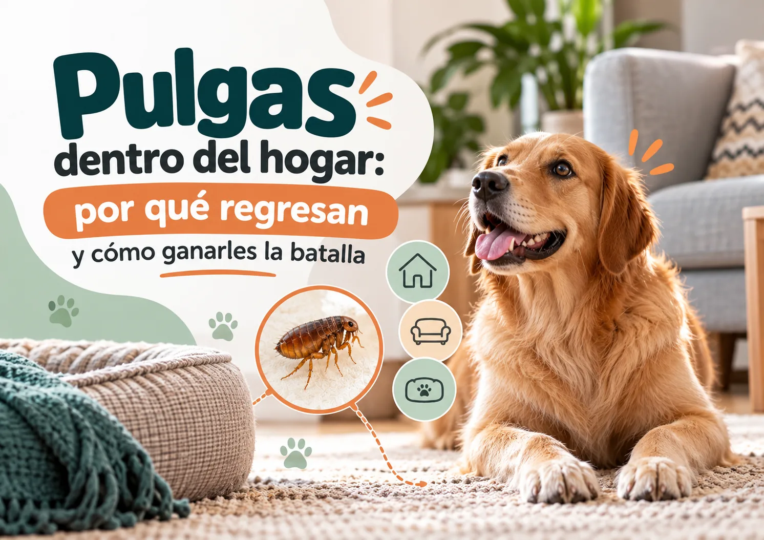 Perro golden retriever acostado sobre una alfombra en casa, junto a una cama para mascotas, con el t&iacute;tulo Pulgas dentro del hogar: por qu&eacute; regresan y c&oacute;mo ganarles la batalla