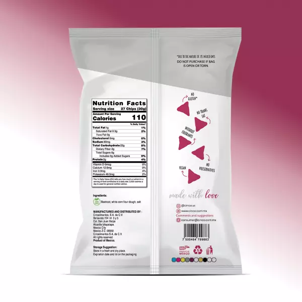 Beetroot and corn tortilla chips / 4.2 oz / Plant Based / Clean label / No preservatives / 28 Units