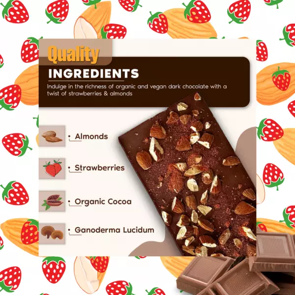 Dark Chocolate Bar with Almonds. Strawberries and Reishi/Organic/Vegan/Gluten Free/Egg Free/Soy Free