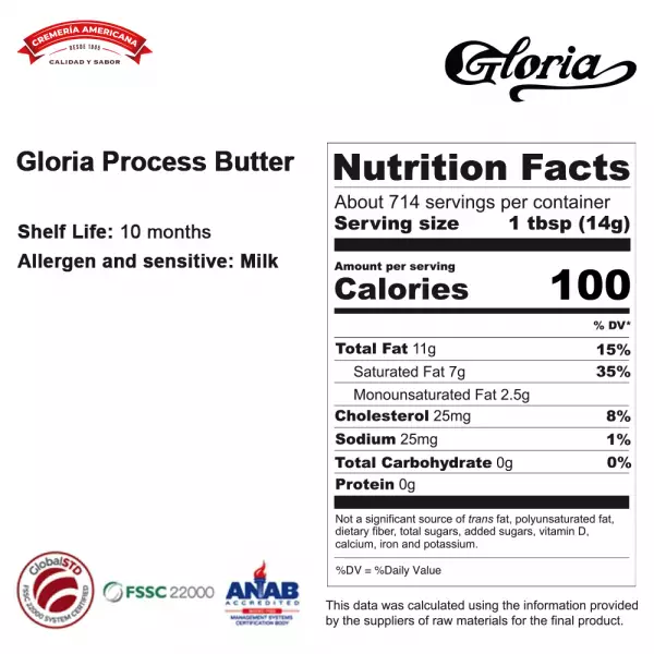 Gloria Process butter - Not lecithin added- 22 lb