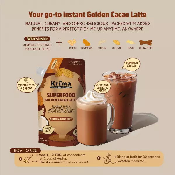 Golden Cacao Latte 7.05 oz / Vegan / Turmeric /Sugar Free/Almond/Hazelnut/Coconut/Instant drink mix