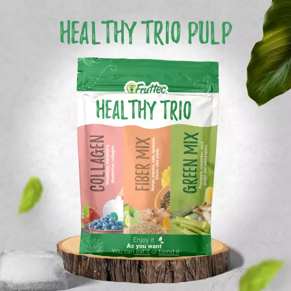 Healthy Trio Pulp / Collagen Boost. Fiber Boost. Green Detox Mix / 100% Natural / Six Pack 26.46 Oz