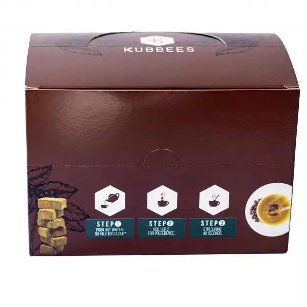 Instant coffee - cocoa - tea in a display presentation of 12 boxes of 6 cube units.