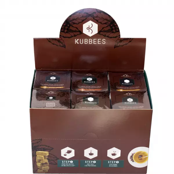 Instant coffee in a display presentation of 12 boxes of 6 cube units. Mix 1