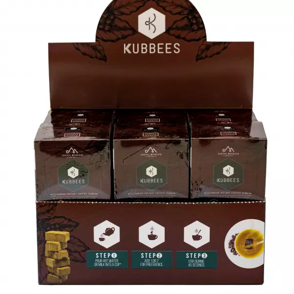 Instant coffee in a display presentation of 12 boxes of 6 cube units. Mix 1
