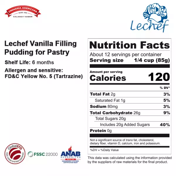 Lechef Vanilla Filling Pudding for Pastry - 13.2 lb