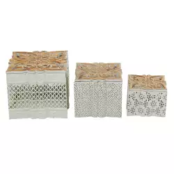 Caja decorativa 19176 metal madera set x 3