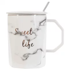 Mug Concepts 3Pz 390Ml Blanco Con Tapa Y Cuchara En Porcelana Y Ac