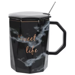 Mug Concepts 3Pz 390Ml Negro Con Tapa Y Cuchara En Porcelana Y Ace
