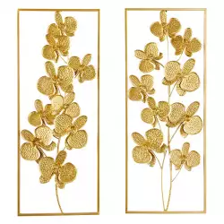 Placa decorativa para pared flor de metal 19119 color oro set x 2 fv22