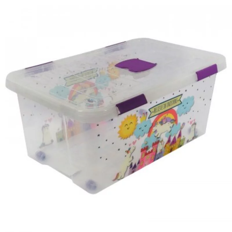 Caja Organizadora  Unicornios Great Plastic Con Ruedas Y 4 Cierres-Transparente