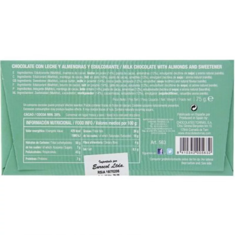 Chocolate 563 X 75Gr Sin Azucar Y Almendras