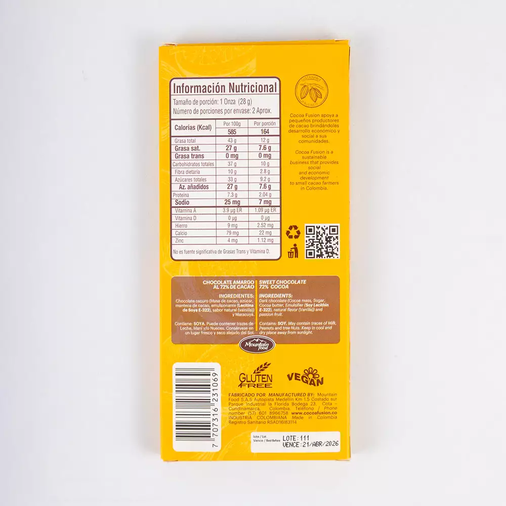 Chocolate Cocoa Fusion 72 Cacao 60 Gr Maracuya Barra1069