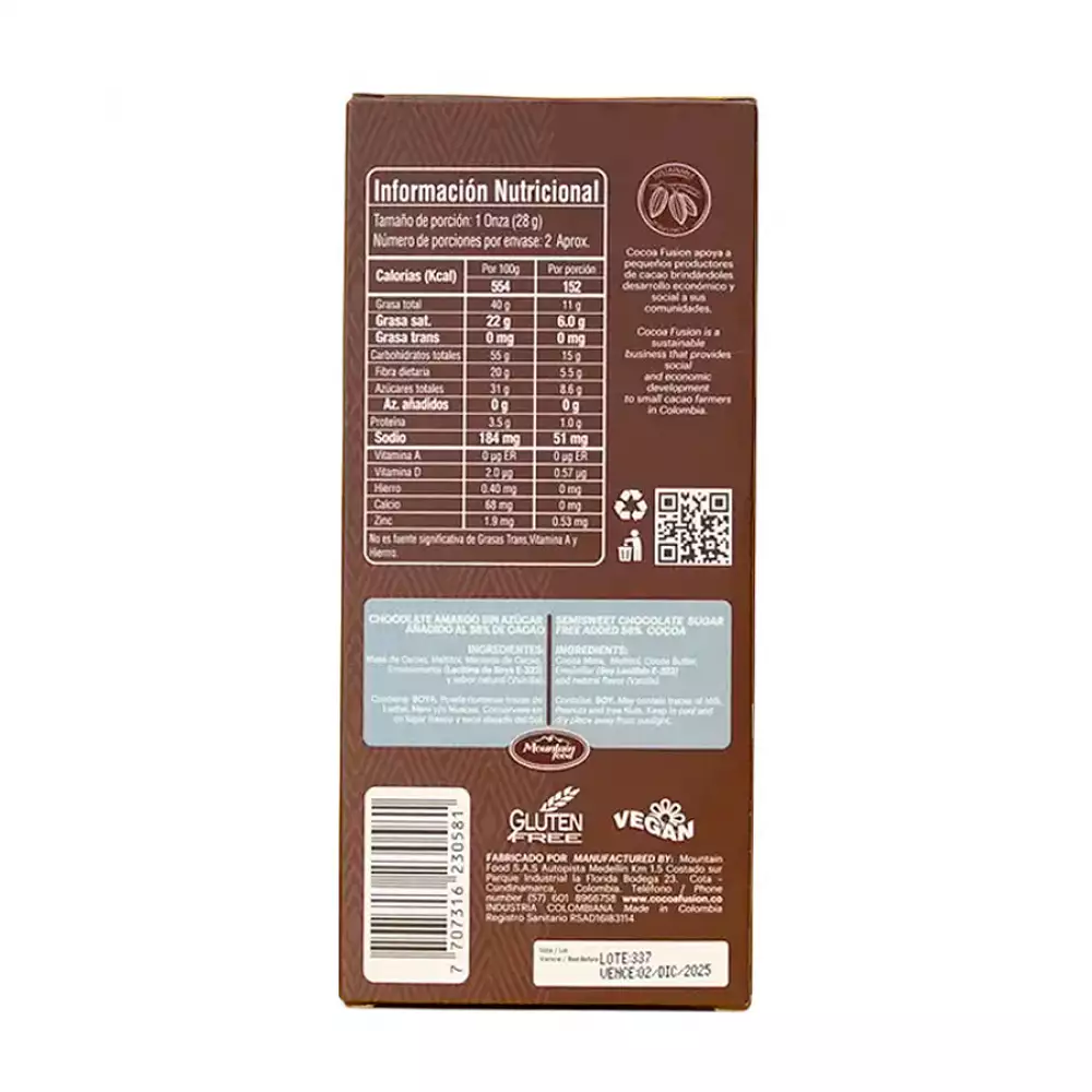 Chocolate Cocoa Fusion Calima 58 Cacao 60 Gr Barra0581