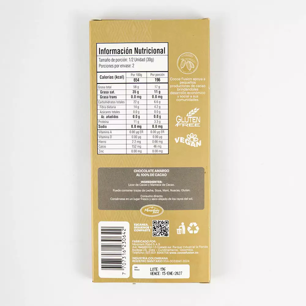 Chocolate Cocoa Fusion Colombia 100 Cacao 60 Gr Barra6521