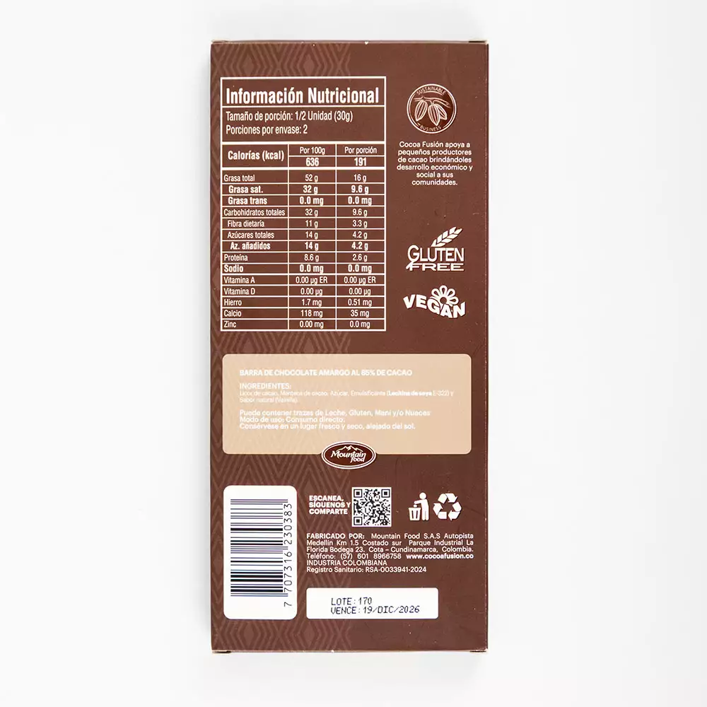 Chocolate Cocoa Fusion Nudo Paramillo 85 60 Gr Barra0383