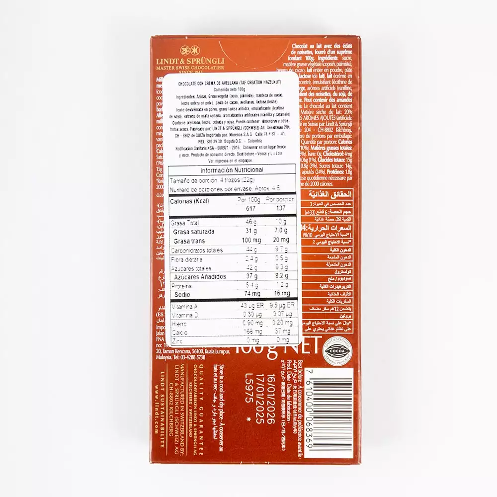 Chocolate Lindt Tableta 100 Gr Avellana 8500