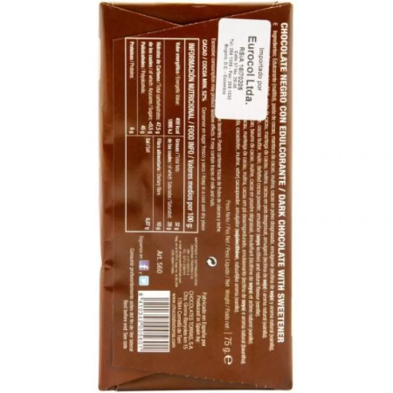 Chocolate Negro Torras X 75 G Sin Azúcares Y Sin Gluten