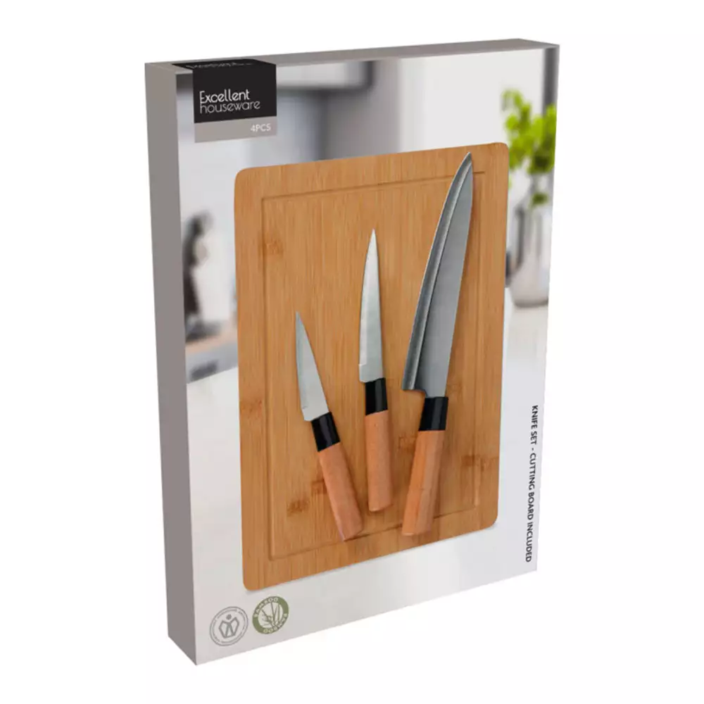 Cuchillos + Tabla Excellhouse Natural 4 Pz Acero Inoxidable C