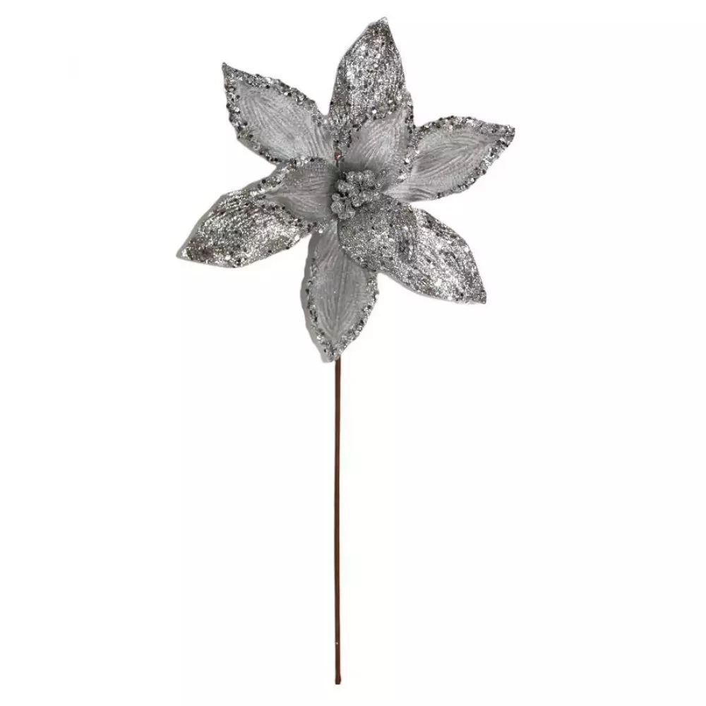 Flor navideña poinsettia plata 27x55cm