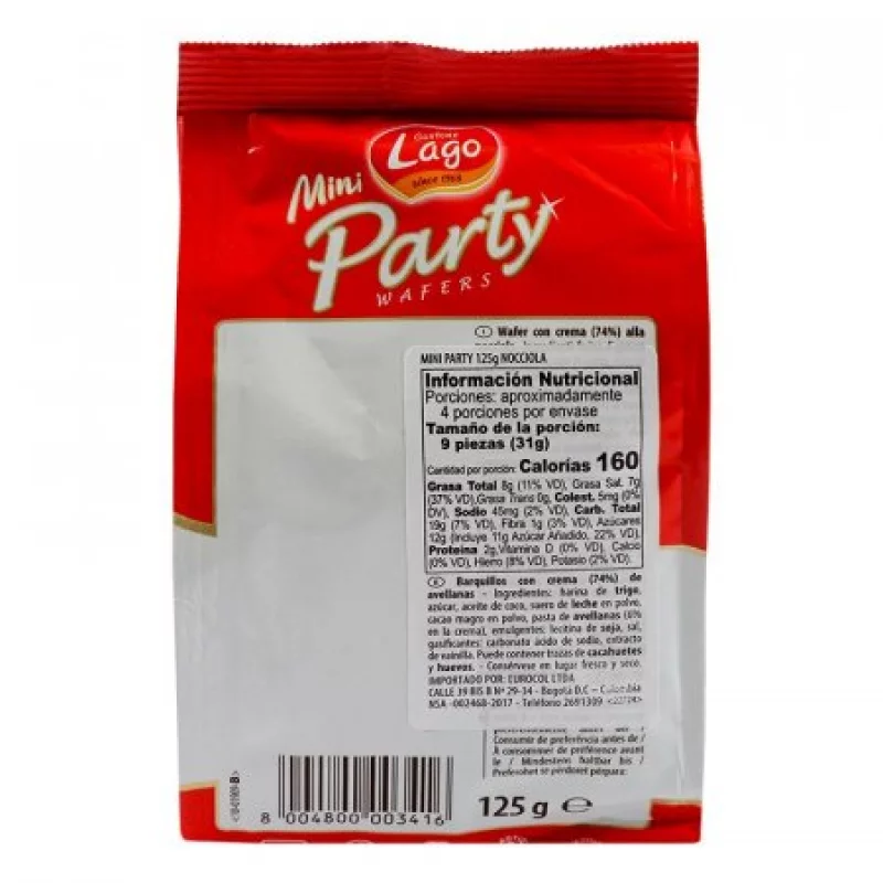 Galletas Wafer Party 3416-01 X 125Gr Mini Con Crema De Avellana