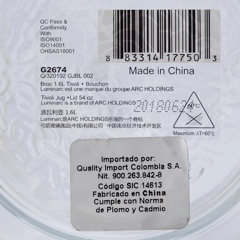 Jarra De Vidrio Luminarc Tivoli Con Tapa 1.6 Litros