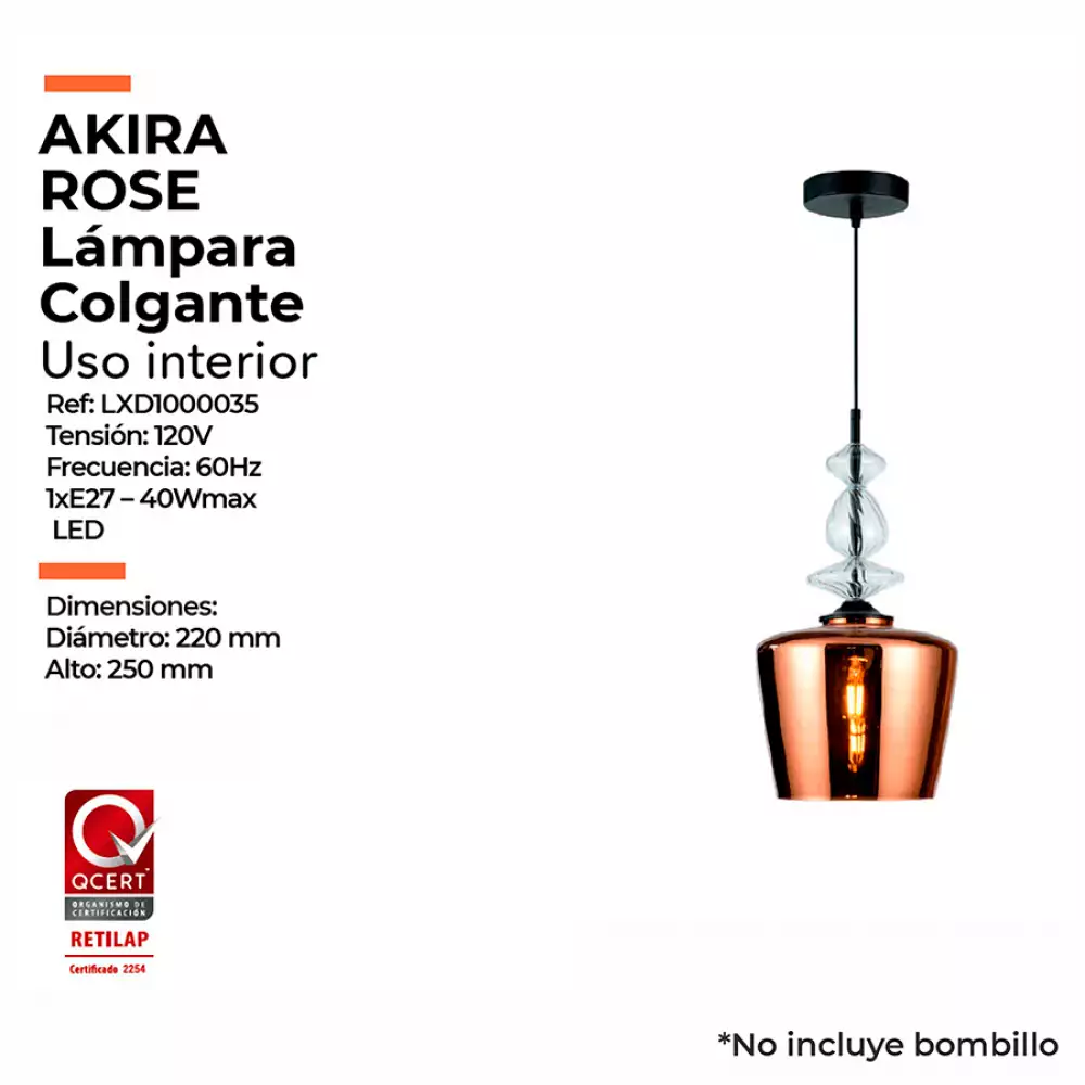 Lámpara Colgante Akira Rose Vidrio Color Cobre