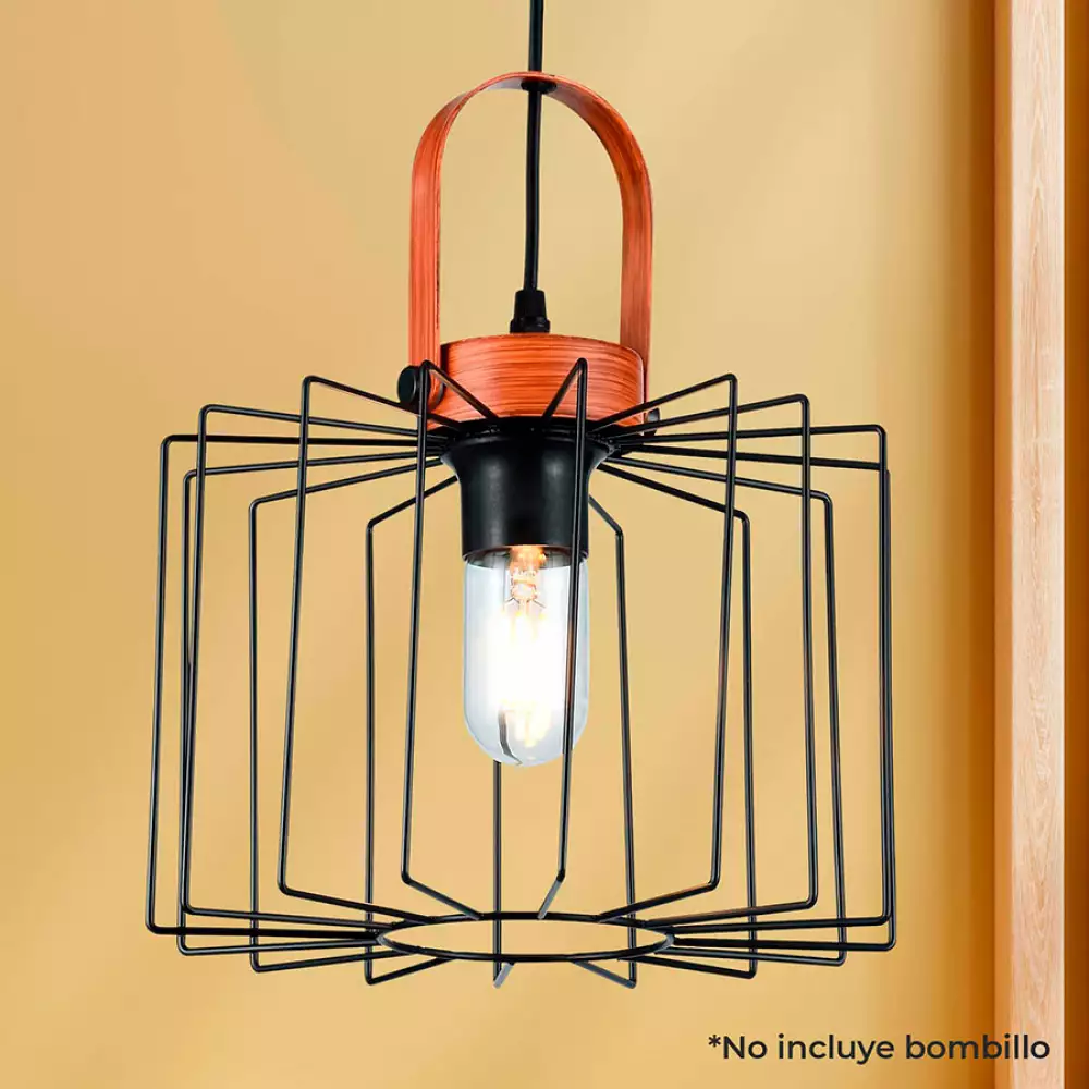 Lampara colgante aymar medium metalica negra y madera