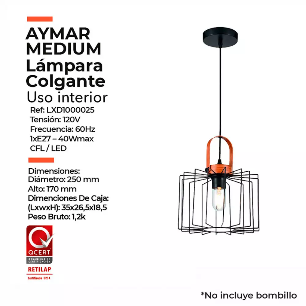 Lampara colgante aymar medium metalica negra y madera