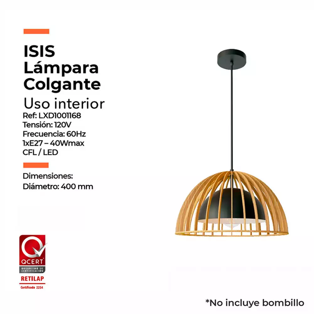 Lampara colgante isis  metalica negra y madera