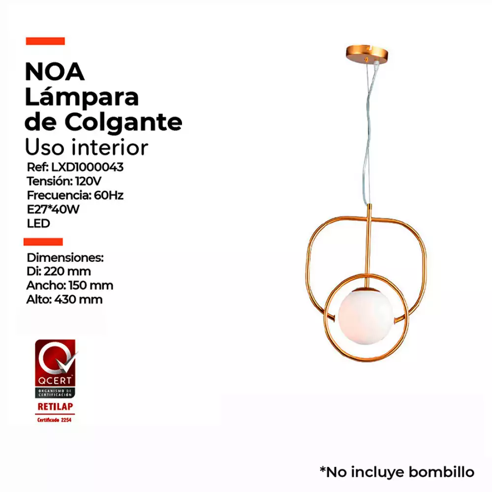 Lampara colgante noa metalica dorada y vidrio opalizado blanco