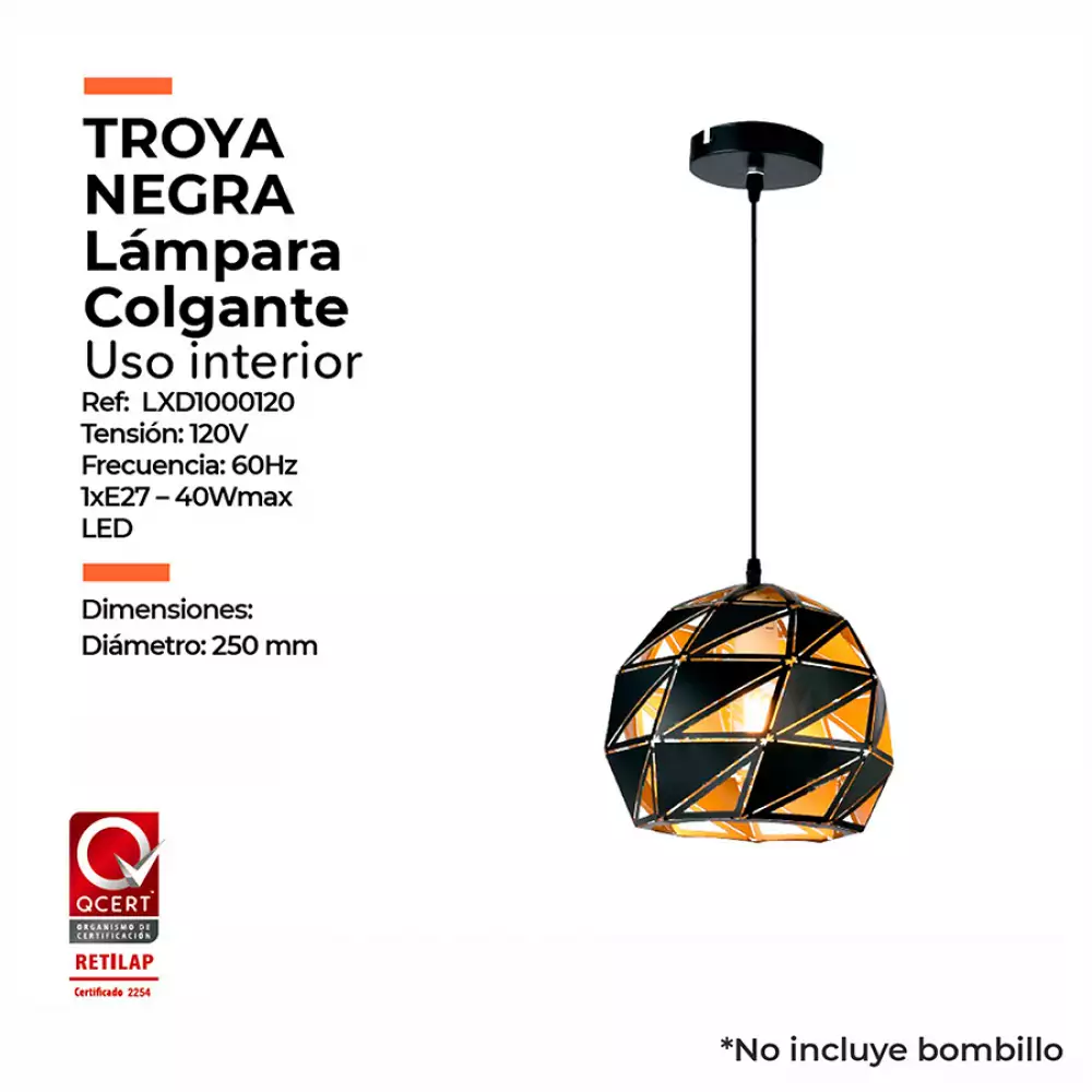 Lampara colgante troya  metalica negra interior dorado