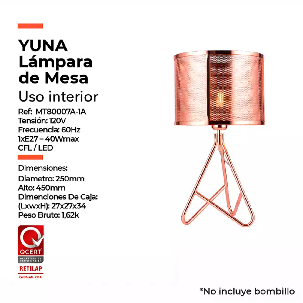 Lámpara De Mesa Yuna Metalica Cobre