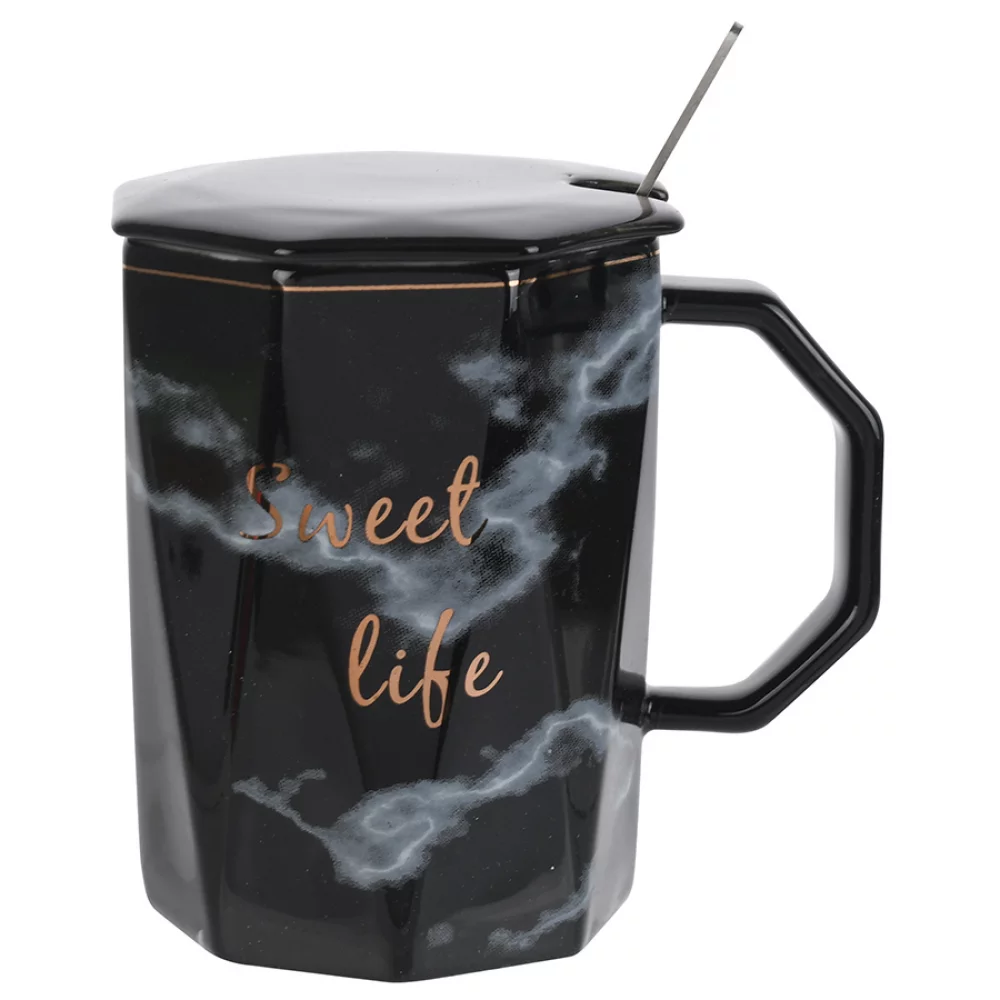 Mug Concepts 3Pz 390Ml Negro Con Tapa Y Cuchara En Porcelana Y Ace