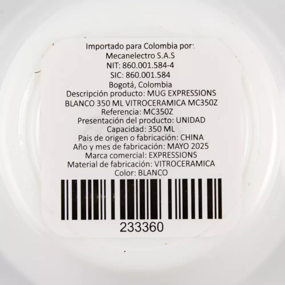 Mug Taza Expressions Blanco 350 Ml Vidrio Opal Mc350Z