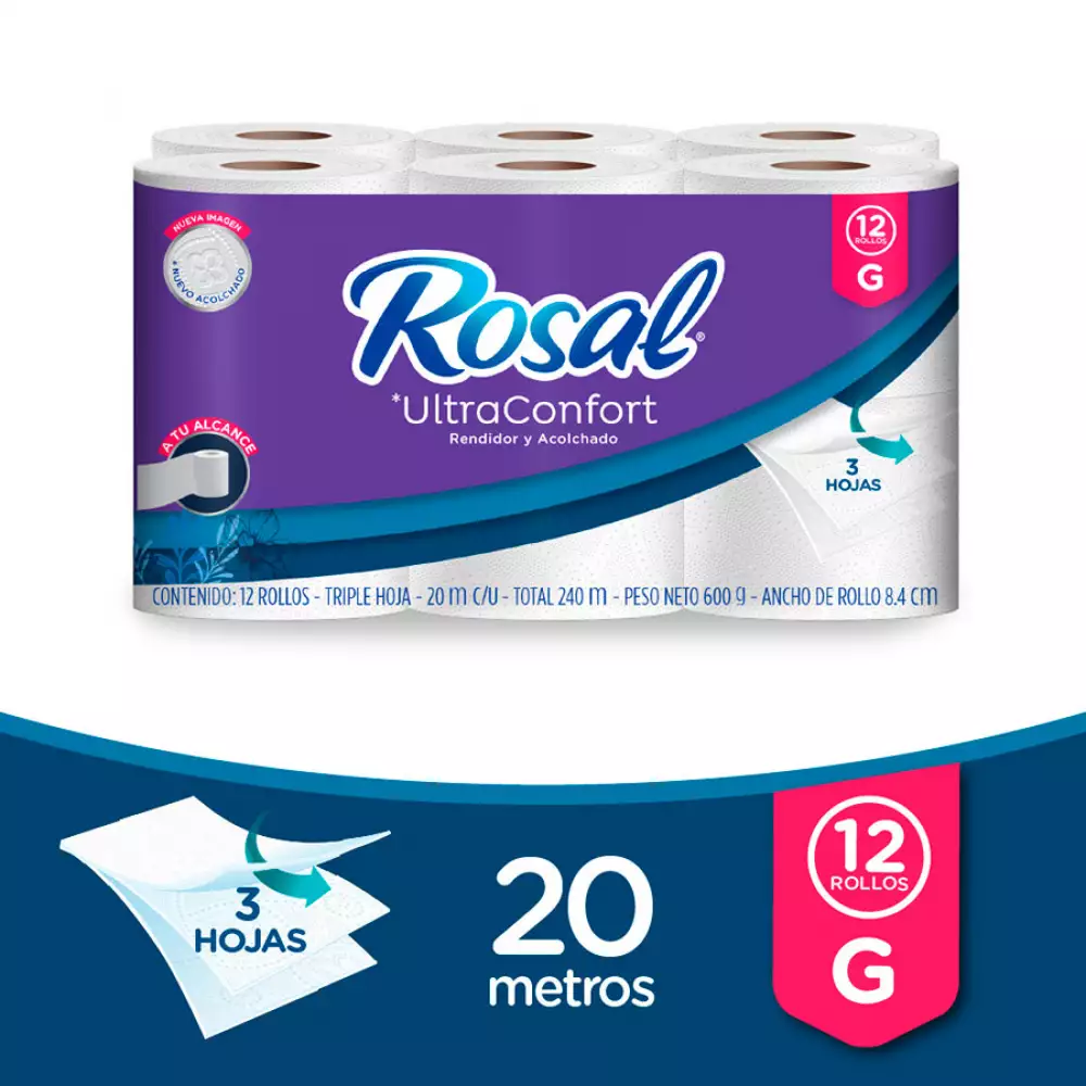 Papel higienico rosal g triple hoja 12 rollos 20 mt 100130939
