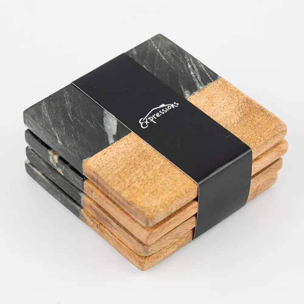 Portavasos Expressions Flora Negro 4 Ud Madera Marmol