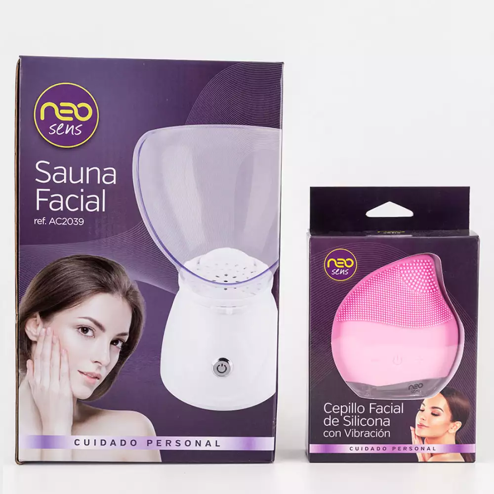 Sauna facial neo sens +cepillo limpieza facial neo sens en silicona combo  ac2039 + ac205