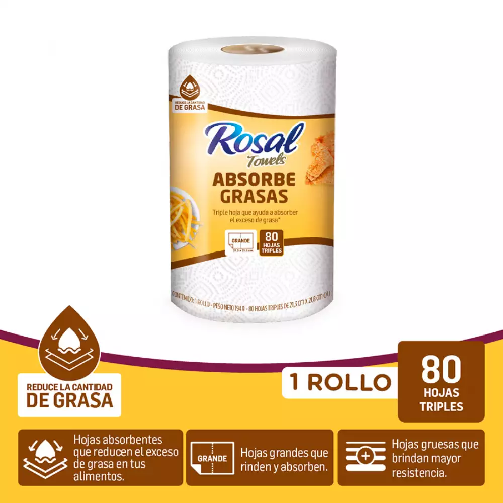 Toalla Cocina Rosal 80 Hojas Triples Absorbe Grasa