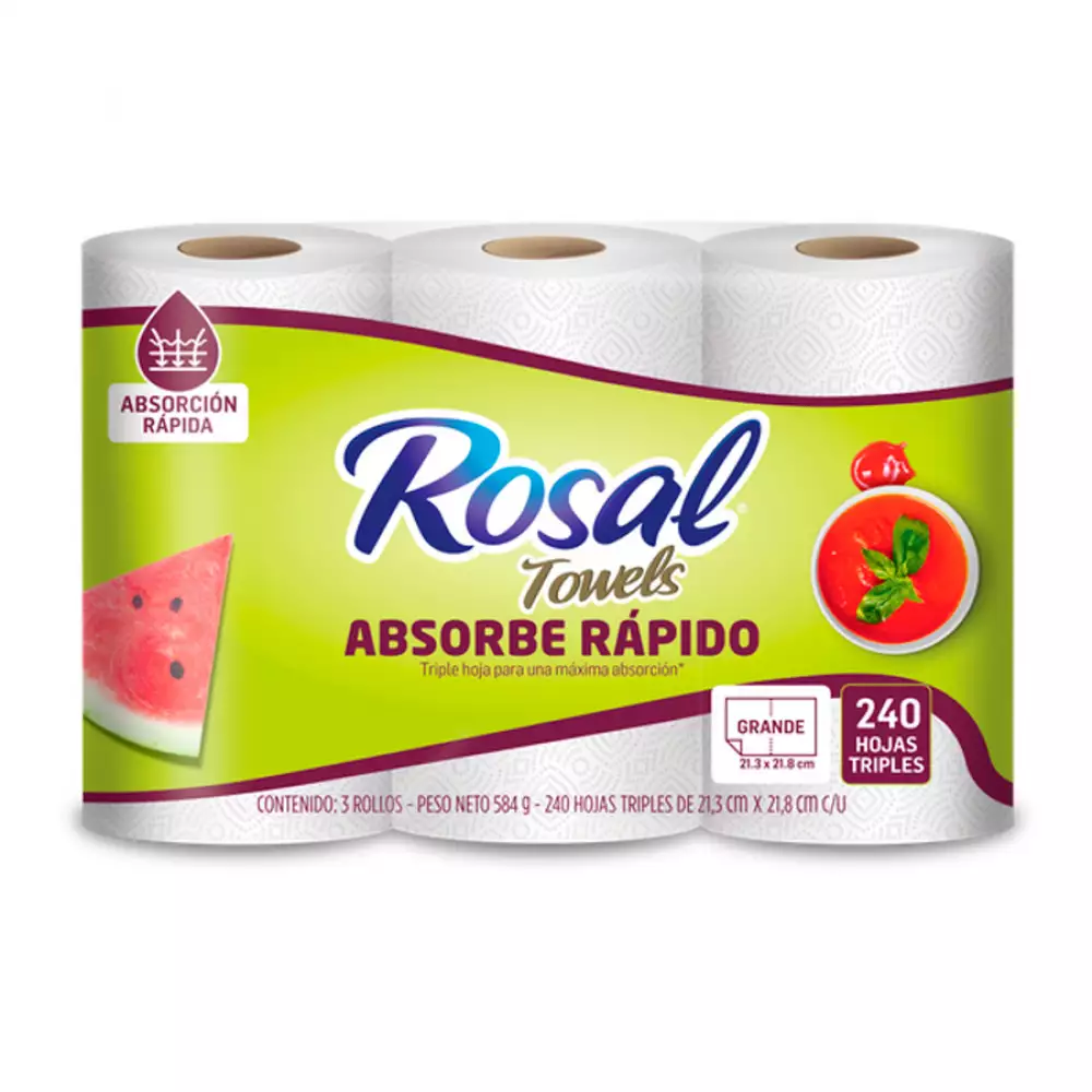 Toalla De Cocina Rosal Plus Ultraabsorbente X 80 Hojas X 3 Rollos