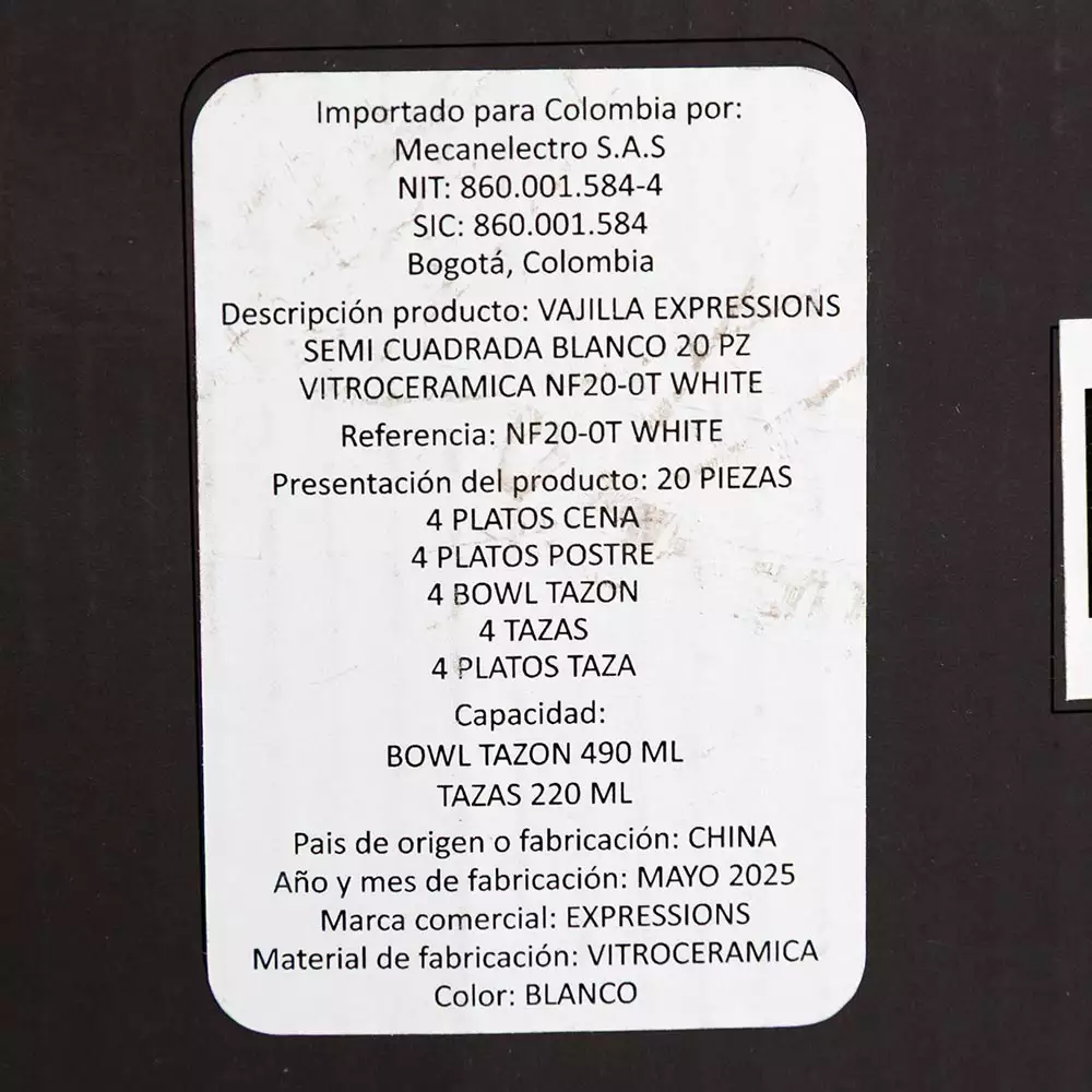 Vajilla Expressions Semi Cuadrada Blanco 20 Pz Vidrio Opal NF20-0T WHITE