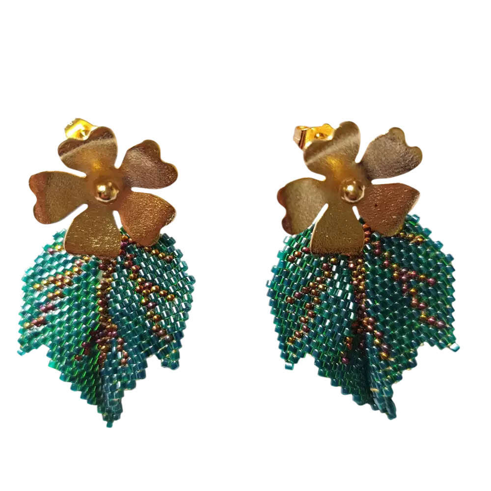 Aretes hojas tropicales verde esmeralda con detalles bronce