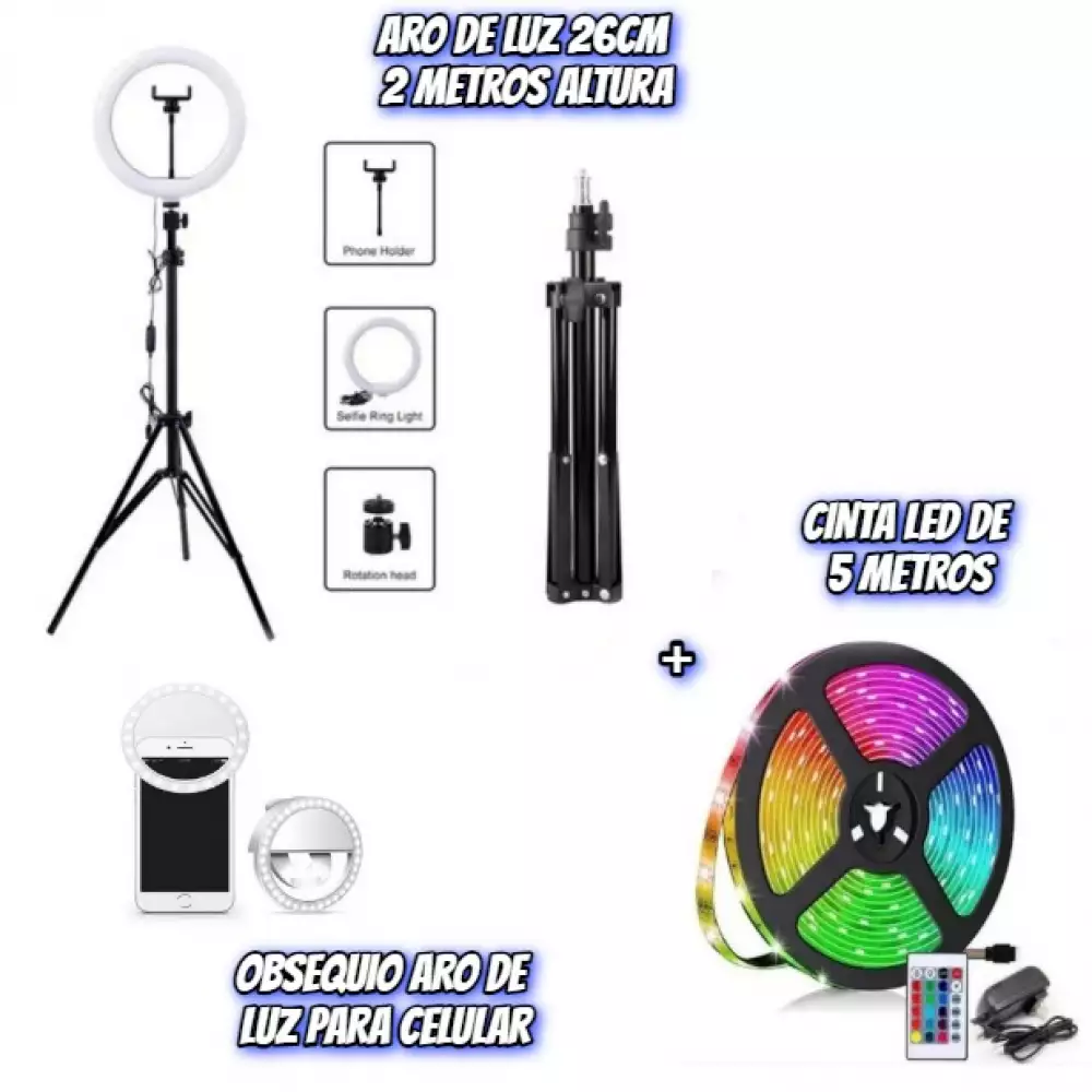 Aro De Luz Led De 26cm + Cinta Luz Led 5 Metros Multicolor
