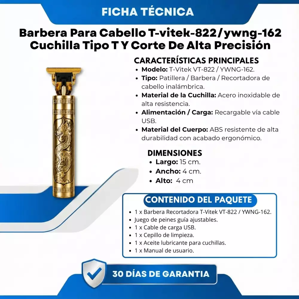 Barbera Para Cabello T vitek 822/ywng 162 Cuchilla Tipo T Y Corte De Alta Precisión