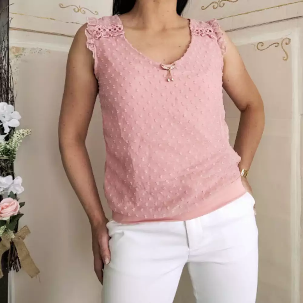 Blusa rosa vintage con encaje y boleros talla S