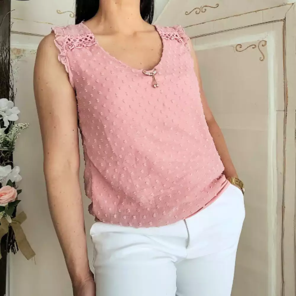 Blusa rosa vintage con encaje y boleros talla S