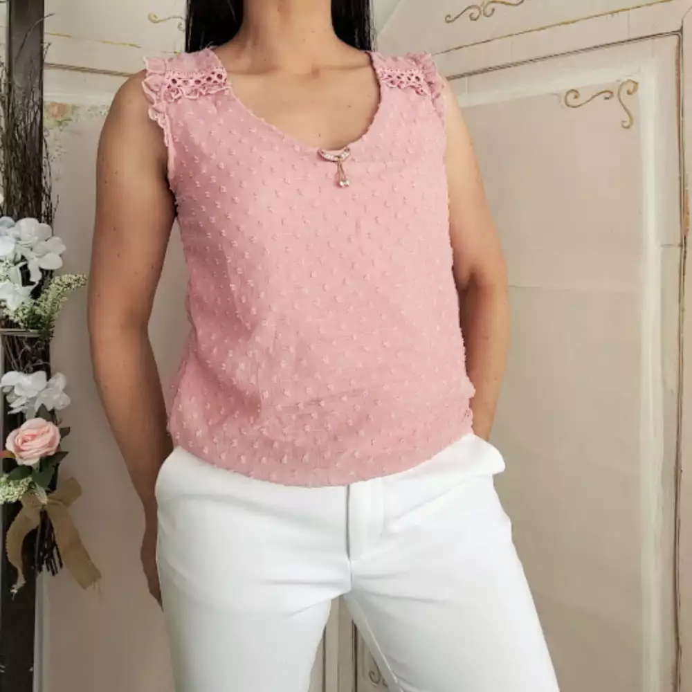 Blusa rosa vintage con encaje y boleros talla S