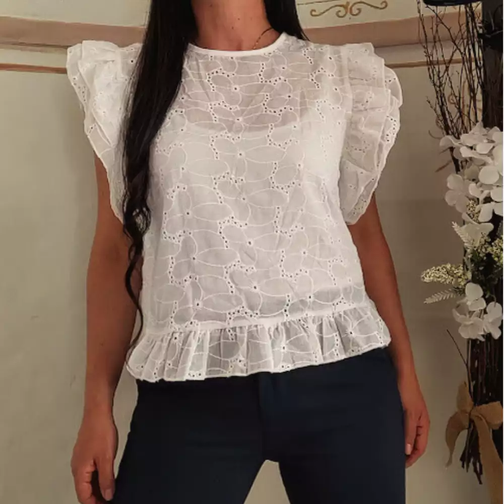 Blusa vintage blanca ojalillo con boleros talla M/L