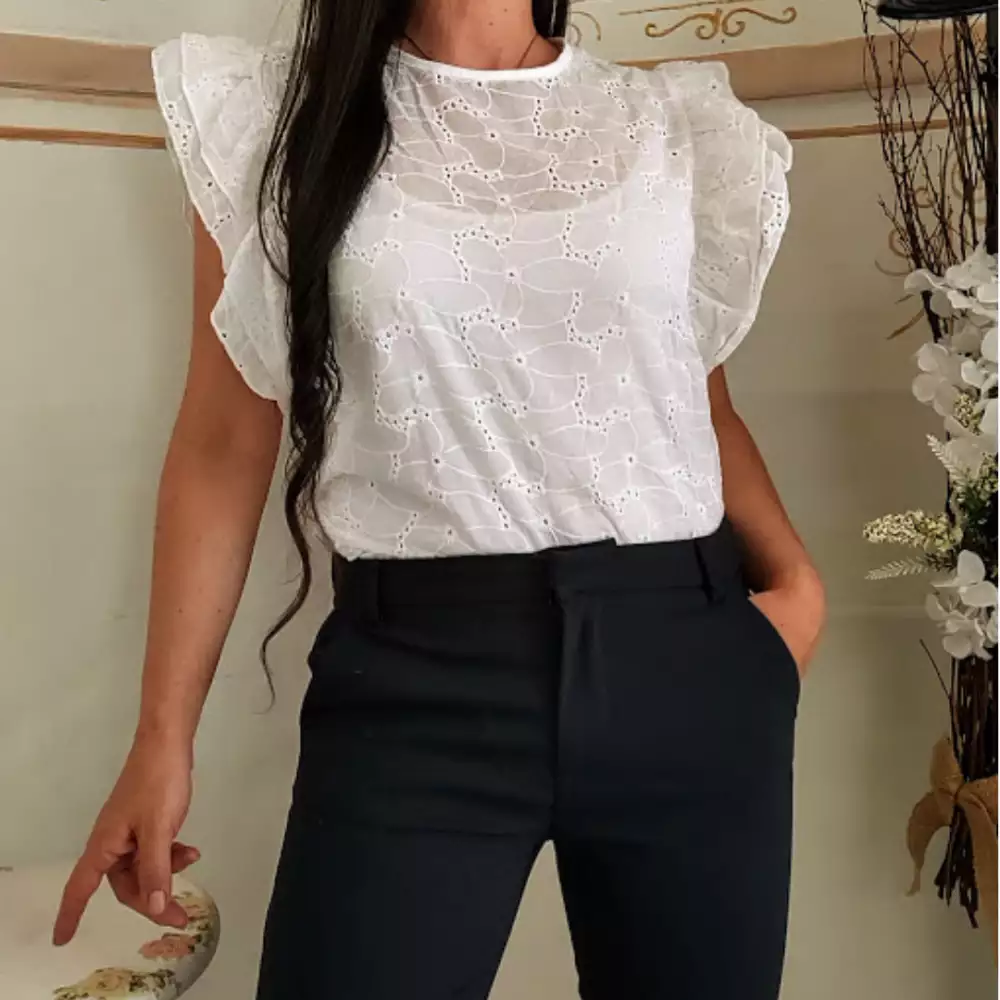 Blusa vintage blanca ojalillo con boleros talla M/L